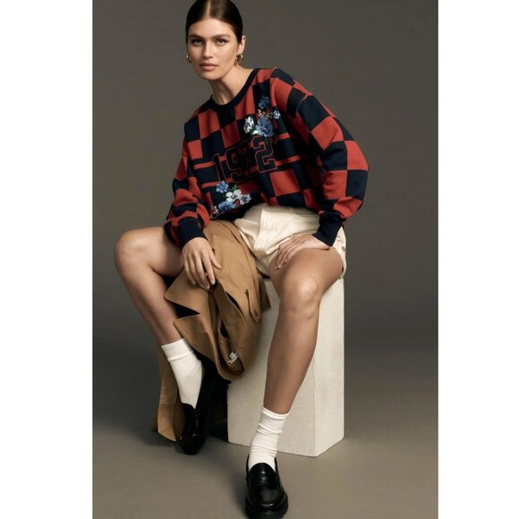 Maeve Anthropologie Printed Crew Sweatshirt Top Floral Oversized Plaid XS 283853 - Picture 3 of 8